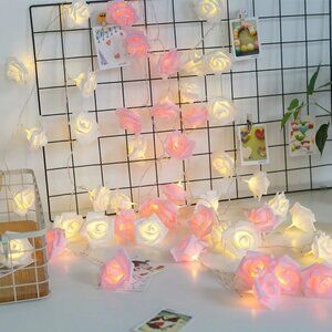 White & Pink Roses Waterproof LED String Lights [60" Battery-Powered]